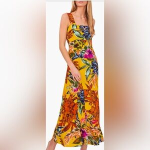 Vince Camuto Printed Square-Neck Smocked-Back Maxi Dress